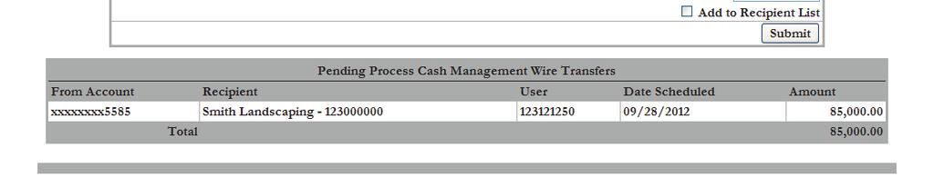 Setting Up a Single Wire Transfer for Processing 7 6 8 9 6. In the Date Scheduled field, enter the date the wire transfer should occur on. 7. In the Schedule drop down box, select the frequency of the wire transfer.