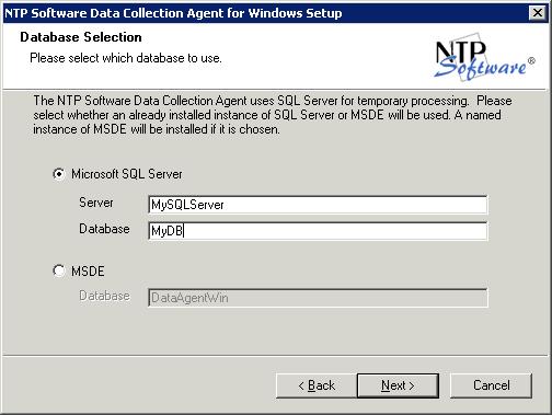9. In the Database Selection dialog box, select which database to use. If you are using Microsoft SQL Server, enter the server name and the database name.