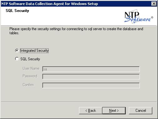 11. In the SQL Security dialog box, specify which security settings you want to use to connect to the SQL server.