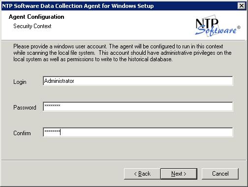 7. In the Agent Configuration dialog box, you will be prompted for a Windows domain user account to run the agent.
