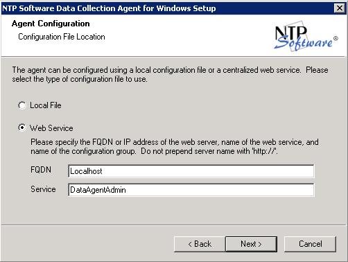 8. In the Agent Configuration dialog box, determine whether you will use a local or web location for the agent configuration file.