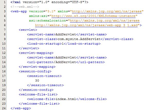 mapping tags on lines 7-15 that provide registration settings for the AddServlet.