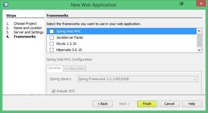 The next dialog box presents an opportunity to add frameworks to the application.