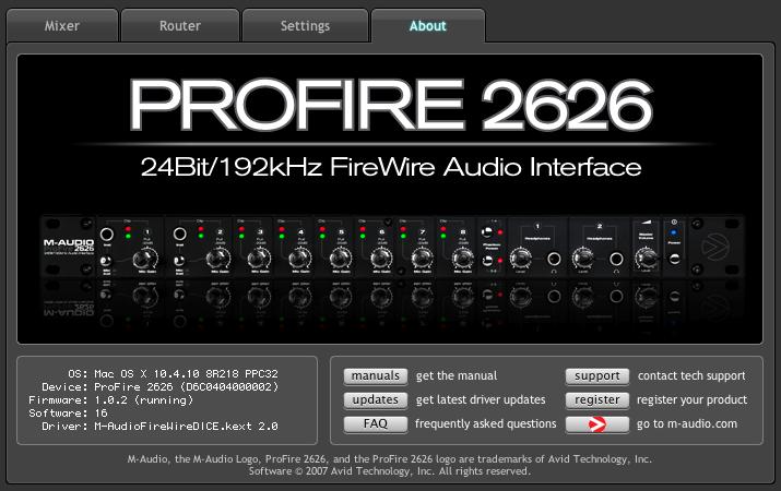 User Guide 32 About The About tab provides version information for the Control Panel, driver, and any connected ProFire 2626 interfaces.