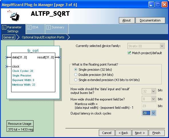 MegaWizard Plug-In Manager Page Descriptions On page 3 of the ALTFP_SQRT MegaWizard Plug-In Manager, select the floating-point format, specify the input and output widths, and specify the output