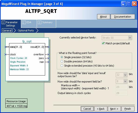 MegaWizard Page Descriptions On page 3 of the ALTFP_SQRT MegaWizard Plug-In, select the floating-point format, specify the input and output widths, and output latency. (Figure 2 3). Figure 2 3.