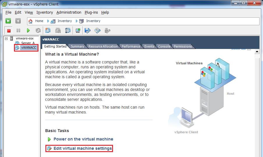Connection between Hitachi WAN Optimizer and LAN side virtual switch Choose a virtual machine on which Hitachi WAN Optimizer is installed and open [Getting Started] tab,