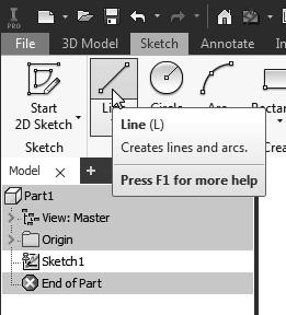 Parametric Modeling Fundamentals 2-9 Step 1: Creating a Rough Sketch The Sketch toolbar provides tools for creating the basic geometry that can be used to create features and parts. 1. Move the graphics cursor to the Line icon in the Draw toolbar.
