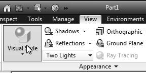 Parametric Modeling Fundamentals 2-27 Display Modes The Visual Style command in the View tab has ten display modes ranging from very realistic renderings of the model to very artistic representations