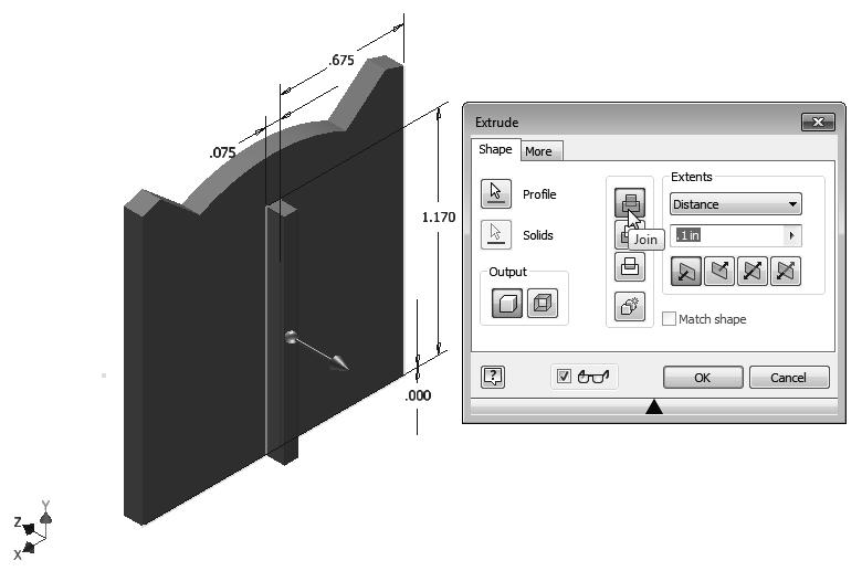 2-32 Learning Autodesk Inventor 11. In the 3D Model tab, select the Extrude command by clicking the left-mouse-button on the icon. 12.