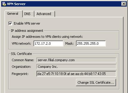 4.2 Configuration of a filial office Figure 4.7 Filial office VPN server configuration Figure 4.