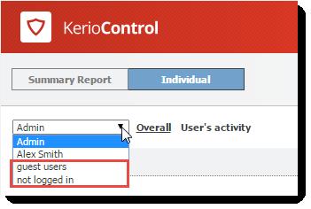 2.4 Special users in Kerio Control Statistics guest users Kerio Control gathers statistics for the guest network under the built-in guest users account. For details, see Configuring the guest network.