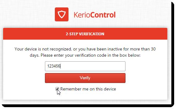 Authenticating to the firewall with 2-step verification Figure 3 The 2-Step Verification tab Disabling the 2-step verification 1. Type the Kerio Control Statistics URL in your browser. 2. On the login screen, type your username and password and then the verification code.