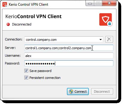 5.4 Kerio Control VPN Client for Windows 4. In the Username and Password fields, type your Kerio Control username and password. 5.