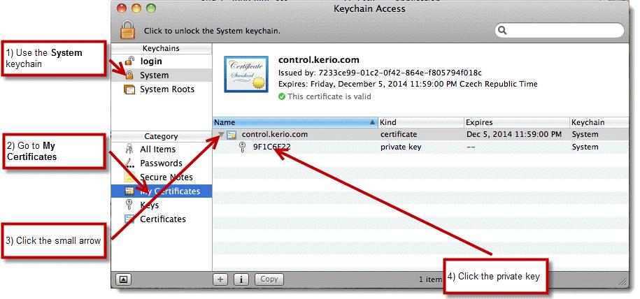 6.4 Creating VPN client on Apple OS X computer Figure 2 Mac OS 7 and higher settings a. In the System keychain, go to My Certificates (see figure 2). b.
