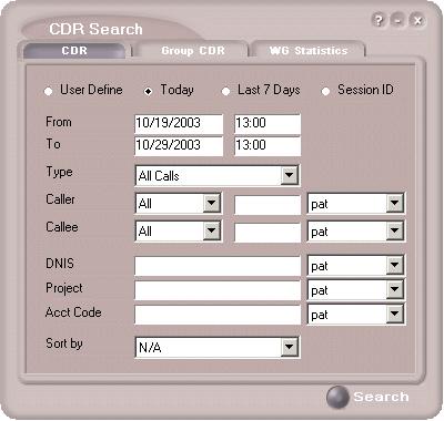 Running a Search Running a Search The CDR Search main window has three tabs: CDR, Group CDR, and WG Statistics. CDR Search CDR Search lets you search all calls, internal and external.