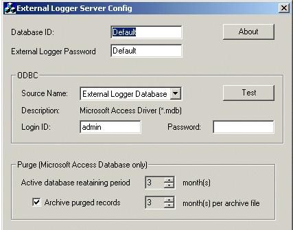 External Logger Server Configuration Tool Configuration GUI for External Logger Server For ELS, only Database ID, Password, ODBC Source Name, Login ID and Password are configurable.
