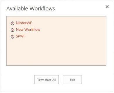 Workflow: Through this button you can start/terminate workflows for this form's list, the user has to have managed list permission to run or terminate workflow, and also the user can terminate all