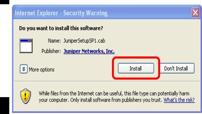 3 When the Security Warning dialog box appears, click on Install. Internet Explorer will now start installing the necessary components for the SSL VPN.
