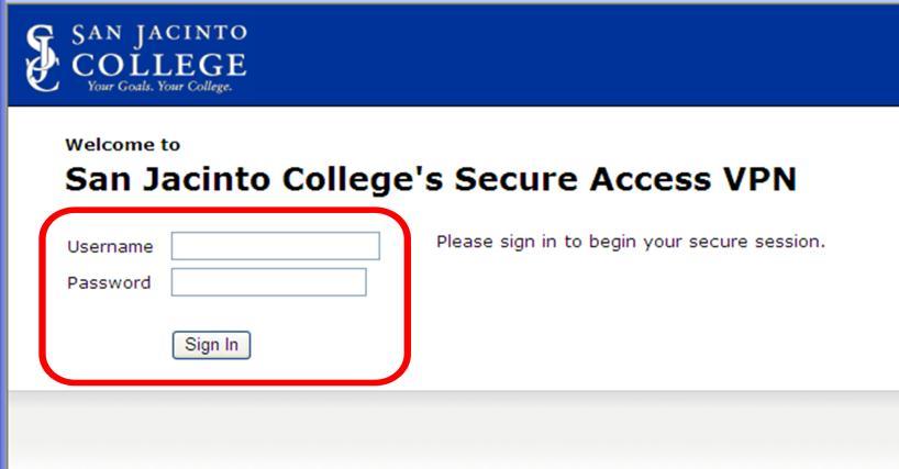 When the installer has completed, you will automatically be taken to a login screen where you can log in to access the SSL VPN. Enter your login credentials and click on Sign In.