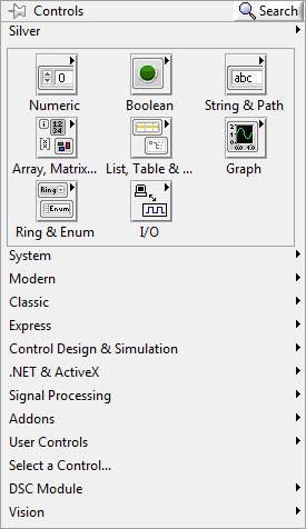 Front Panel User Interface window Block Diagram Code window 3 - Controls Palette and Functions Palette When you right- click on