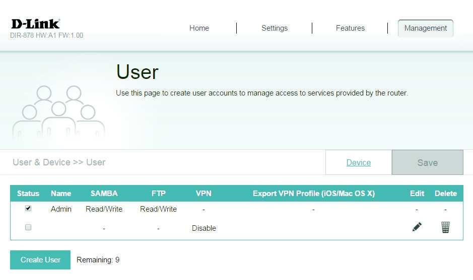 Section 4 - Configuration User The User section is used to create, manage, and delete user accounts with user-defined access to certain router services.