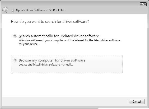 (From the previous page) 3) The screen shown on the left appears. Select "Browse my computer for driver software". 4) The screen shown on the left appears.