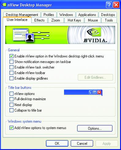 nview User Interface properties This tab allows for