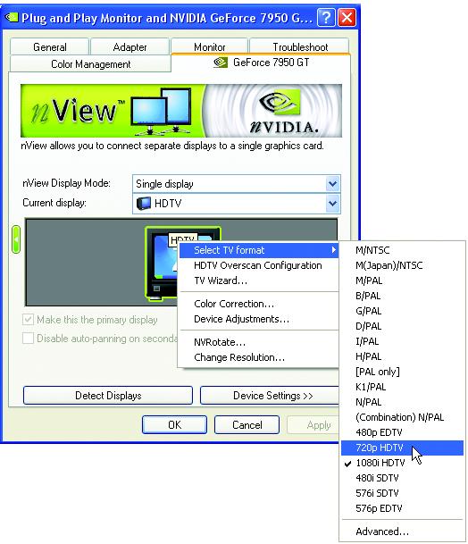 5.2 Connecting to a HDTV: Use the included component video adapter to connect a HDTV to the graphics card.