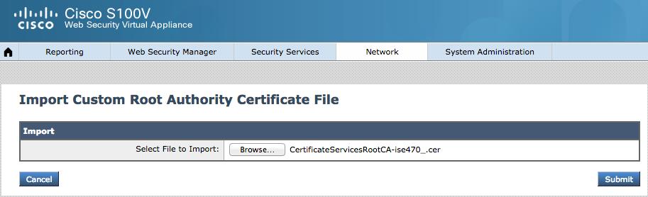 Certificates->Import->Browse- >CertificateServicesRootCA.
