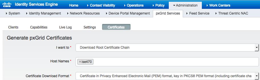 Step 5 Download the root certificate chain Select Administration->pxGrid Services->Certificates->select the ISE pxgrid hostname and PEM format Step 6