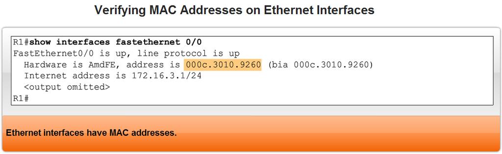 Interfaces Verifying Ethernet interface -Show interfaces for fastethernet 0/0 command used to show status