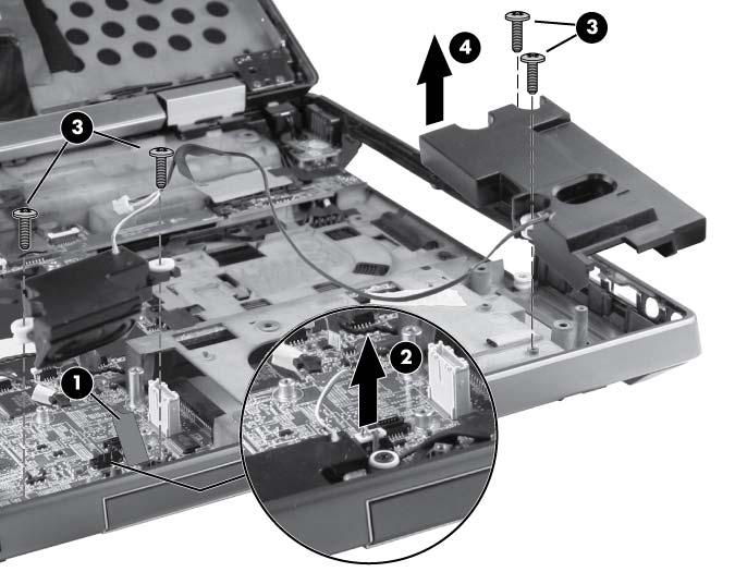 6. Remove the four Torx 9M2.0 4.0 screws (3) that secure the speakers to the base enclosure. 7.