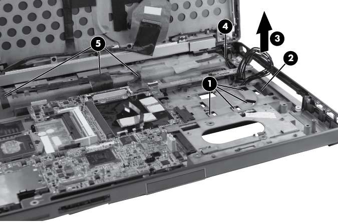 5. Remove the tape from along the back edge of the system board (4). CAUTION: Support the display assembly when removing the display screws in the following steps.