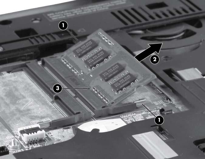3. Remove the memory module (2) by pulling the module away from the slot at an angle.