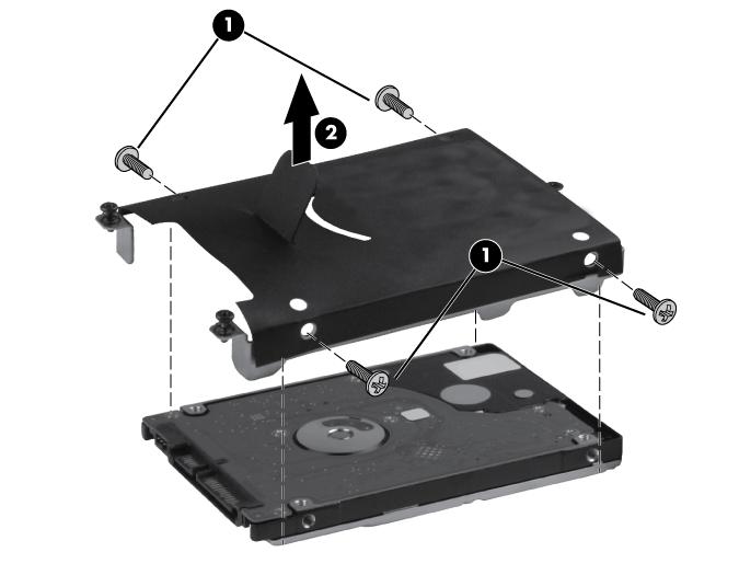 7. If it is necessary to replace the hard drive bracket, remove the four Phillips M3.0 3.0 hard drive bracket screws (1) from the sides of the hard drive. 8.