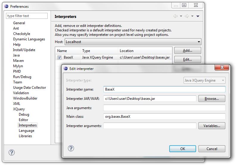 Integrating Eclipse Setting up Use BaseX as query processor in Eclipse You can set up the XQuery interpreter as standalone or client version, as shown on the screenshot: Setting up as Standalone 1.