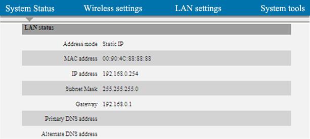 4.2 LAN Wireless N Broadband Router Address Mode: Displays AP s current IP mode: Dynamic IP or Static IP. MAC Address: Displays AP s LAN MAC address.