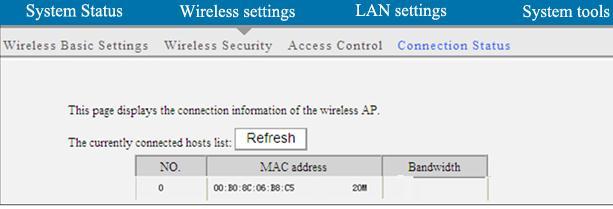 5.4 Connection Status This interface displays the information of currently connected wireless clients including MAC addresses and bandwidth.