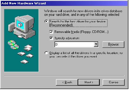 5 Windows Configurations 5.1 Windows Millennium 1. After inserting the QSC(LP)- 100 for the first time the "Add New Hardware Wizard" will begin. Select "Search for the best driver for your device.". Check the "Removable media" and "Specify location" box.