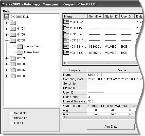 Viewing, Printing, Exporting, and Deleting Data in the Data Window The GX-2009 logs four types of data files: calibration history, interval trend data, alarm trend data, and event data.
