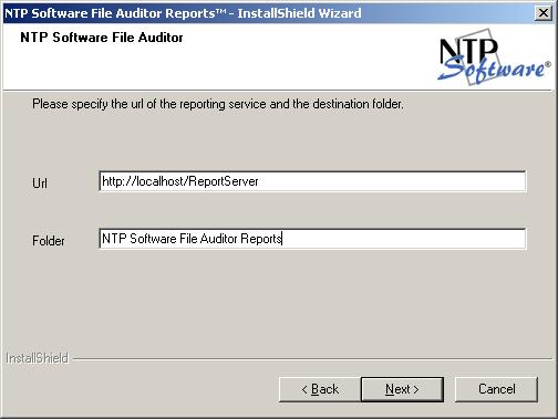 5. In the NTP Software Defendex dialog box, specify the URL of the reporting service and the destination folder. Click Next. 6.