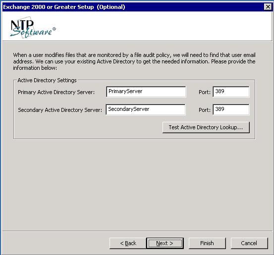 4. Enter the name of your primary active directory server; enter a secondary active directory server if you wish.