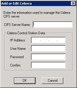 4. Enter the name of your Celerra, the Control Station IP, the username, and the password. Click OK.