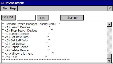 Figure3 Remote Device Manager 1. Select <1> Search Device to search nearby remote Bluetooth devices. 2. Select <2> Stop Search Device to stop the ongoing discovery procedure. 3.