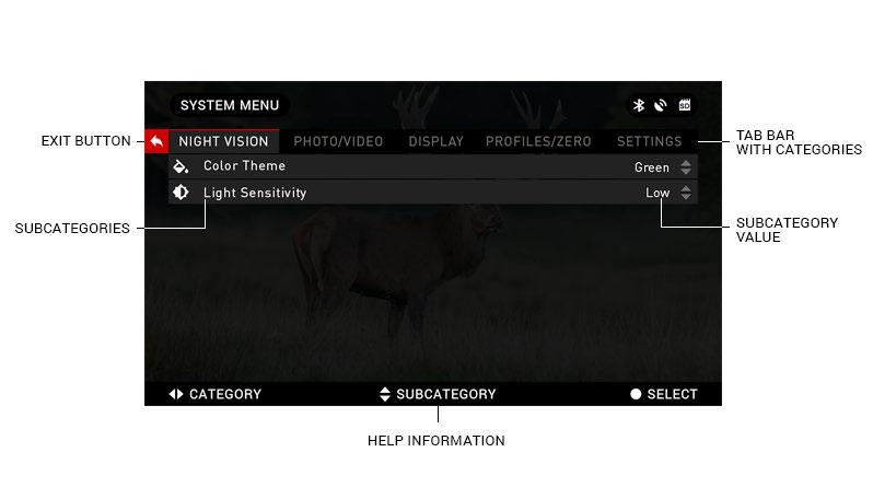 ENVIRONMENT Allows for input of various environmental data to improve ballistic correction, such as wind speed and direction. SYSTEM MENU Allows access to various system options and adjustments.