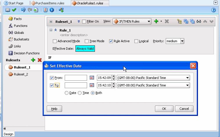 Using Date Facts, Date Functions, and Specifying Effective Dates Figure 4 69 Setting the Effective Date for a Rule 5. Use the Set Effective Date dialog to specify the effective dates for the rule.
