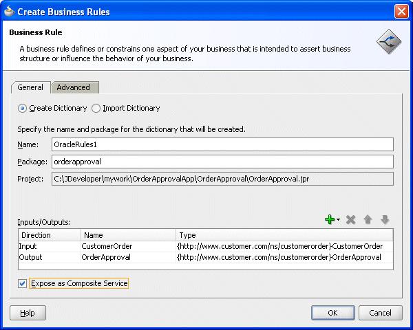 Creating and Running an Oracle Business Rules Decision Table Application Figure 5 23 Create Business Rules Dialog with CustomerOrder Input 12.