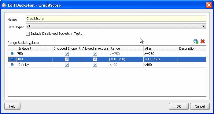 Creating and Running an Oracle Business Rules Decision Table Application Figure 5 29 Adding the CreditScore Bucketset 10.