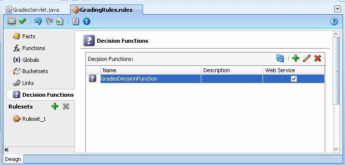 Adding a Servlet with Rules SDK Calls for Grades Sample Application Figure 9 14 Renaming Decision Function in Rules Designer 9.
